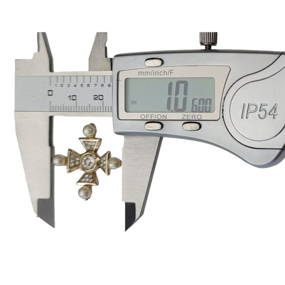 Trifari Gold Tone Clear Rhinestone Faux Pearl Maltese Cross Clip Earrings, M1003 - Picture 8 of 9